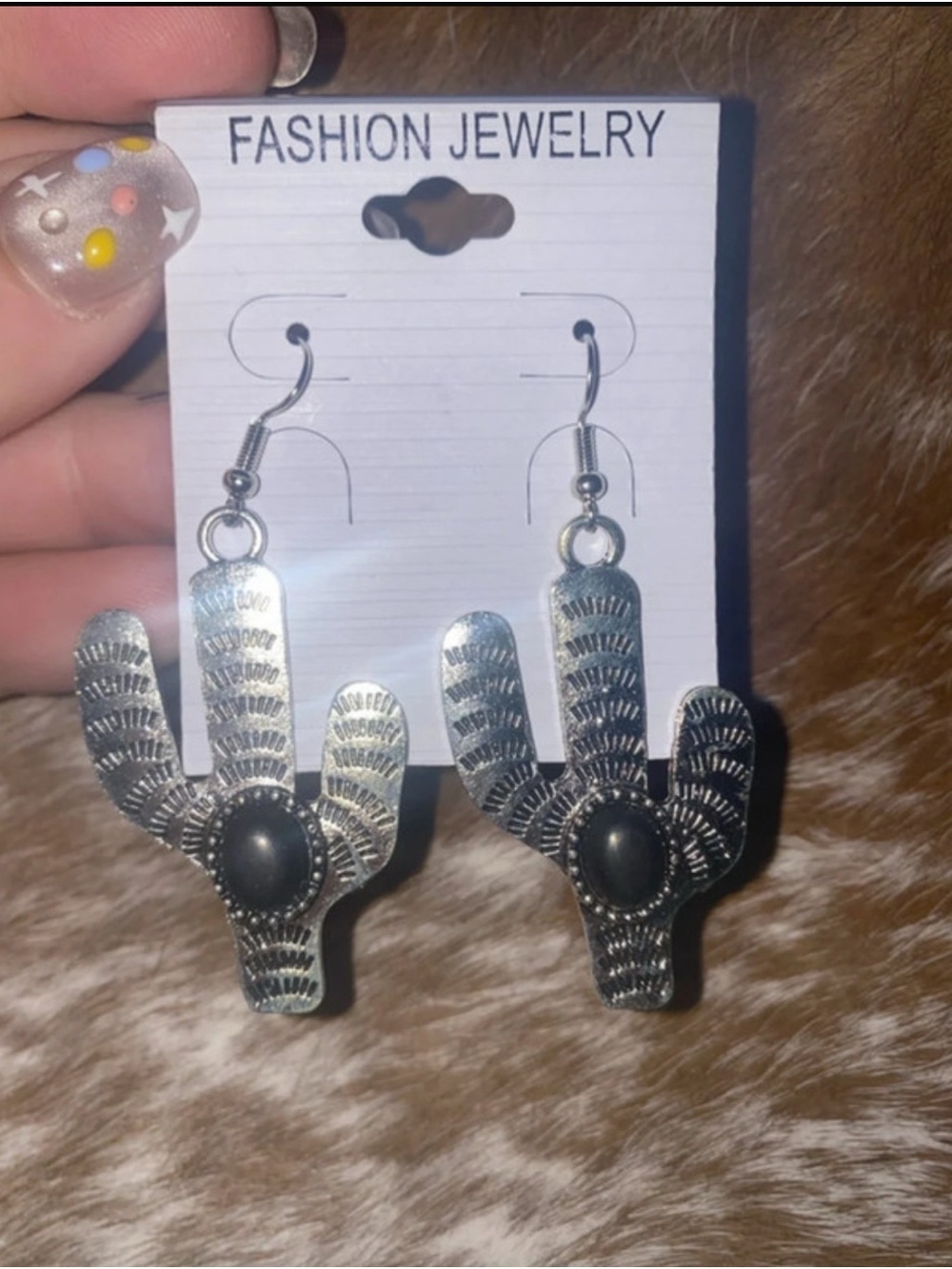 Fashion Jewelry Silver Tone Cactus Dangle Earrings with Black Stone